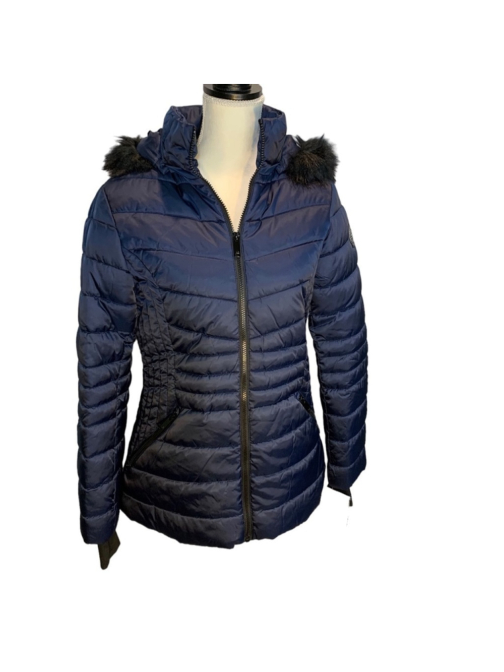 HFX vegan puffer with faux fur hood size small navy